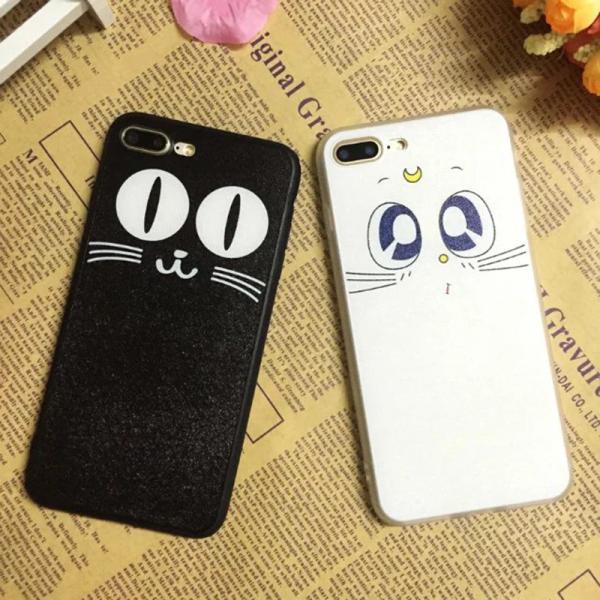 PC+TPU Silk Grain Lovely Cat And Girl Face Back Cover Cell Phone Case For iPhone 7 6s Plus