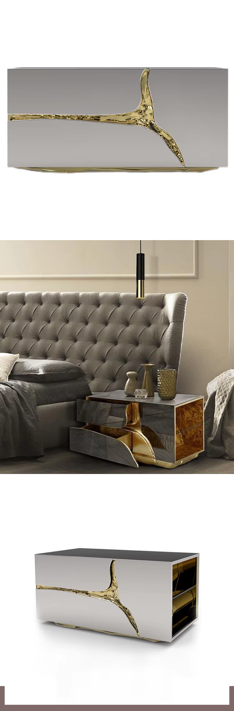 Hot Sale Modern Design Silver Mirrored Nightstand Finish Luxury Style Stainless Steel Bedside Table for Bedroom