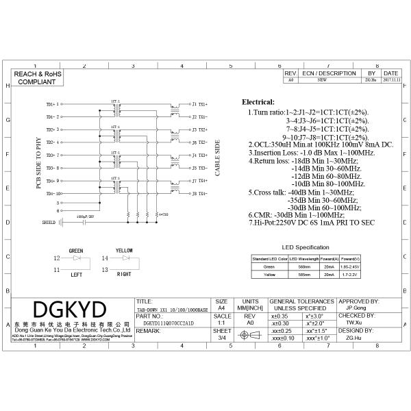 RJ45 Connector Integrated With Gigabit Network Interface, Single Cell Network Port Socket DGKYD111Q070CC2A1D