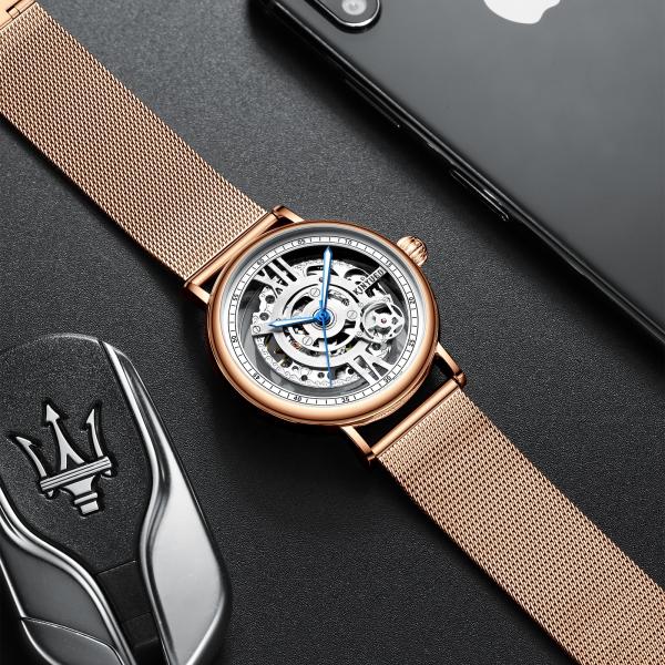 Luxury Gold Stainless Steel Wristwatch High Hardness Hollow Out White Dial