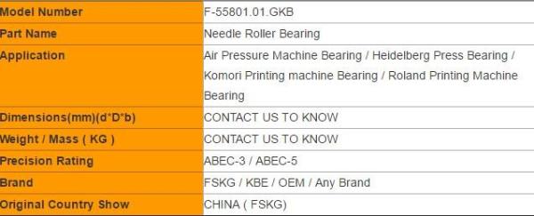 ABEC-5 Quality F-55801.01. GKB Needle Roller Bearing Spare Parts for Textile / Printing Machinery