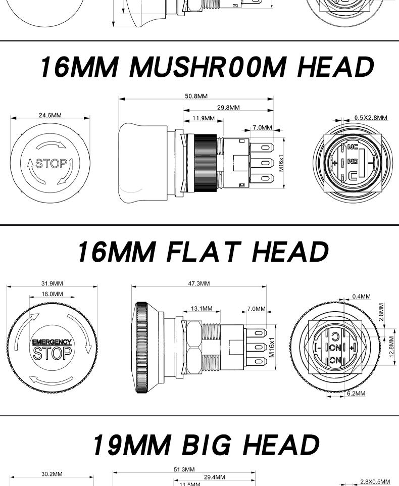 16/19/22MM Waterproof Stainless Steel Mushroom Head Switch Explosion-Proof Emergency Stop Power Button IP65 Level 220V Control