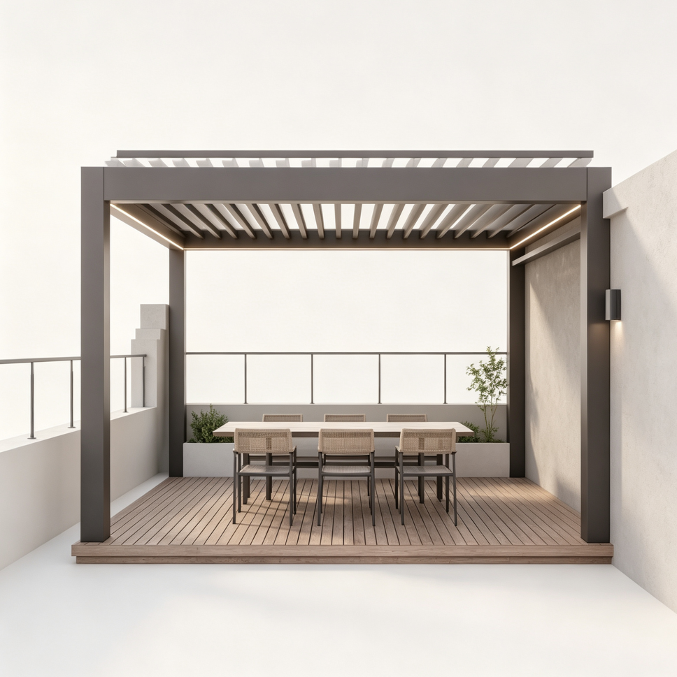 Custom Size Motorized Louvered Pergola with 304 Stainless Steel Hardware and T6-T5 Aviation-grade Aluminum Alloy