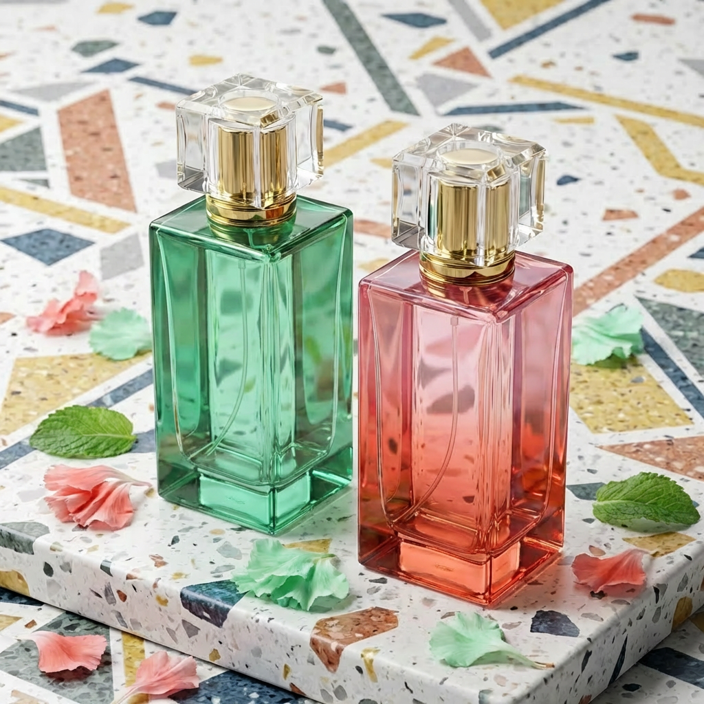 Empty Glass Perfume Bottles 100ml Spray Rectangle Acrylic Cap Crimp Neck