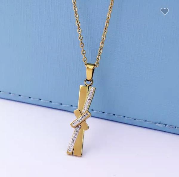 Gold Stainless Steel Jewelry Set X Shaped Rhinestone Stud Earrings And Necklace Set
