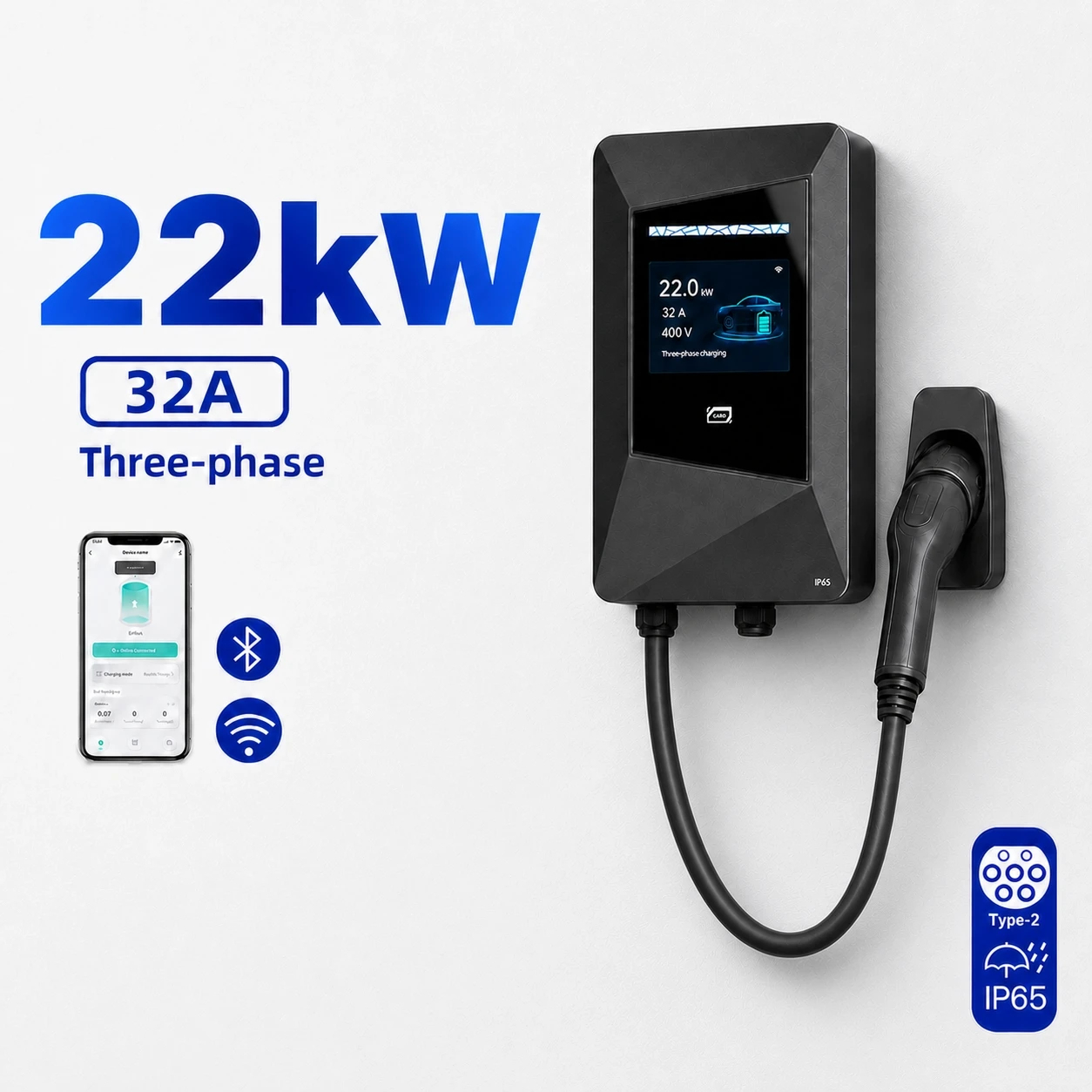 22kW AC EV Charger Wallbox Type 2/GBT 32A 3 Phase Flood Resistant For Vietnam Tropical Climate Commercial Charging Stations