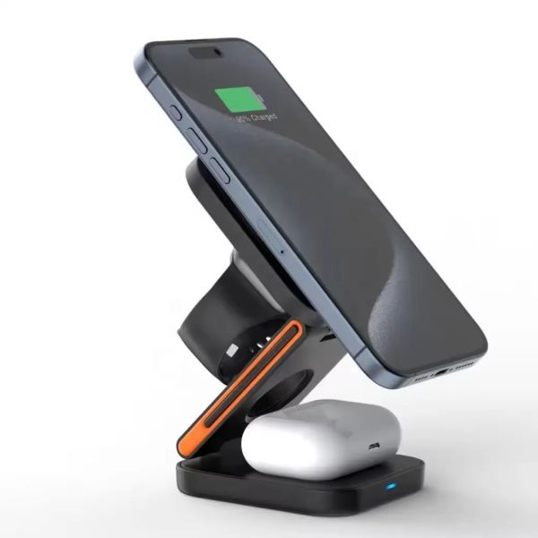 Folding Phone Watch Earbud Charger 3 In 1 Magnetic Wireless Desk Stand Charger