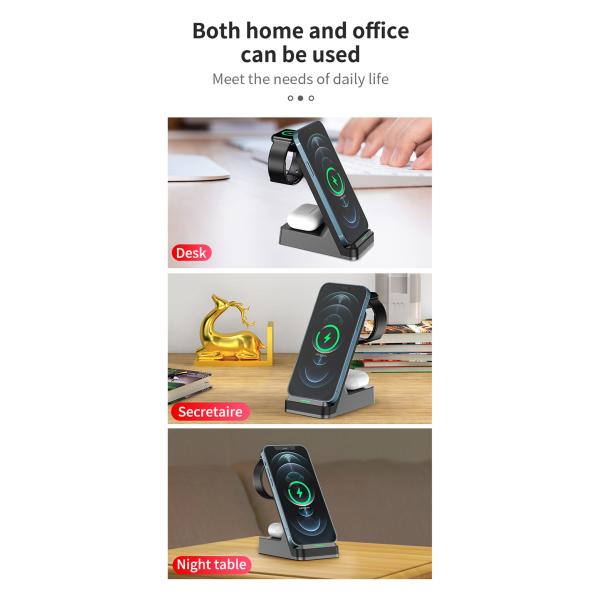 3 In1 Fast Qi Wireless Charger Holder 15w Magnetic Charger for Mobile Phone Iwatch Custom Led Logo and 5V/2A Output