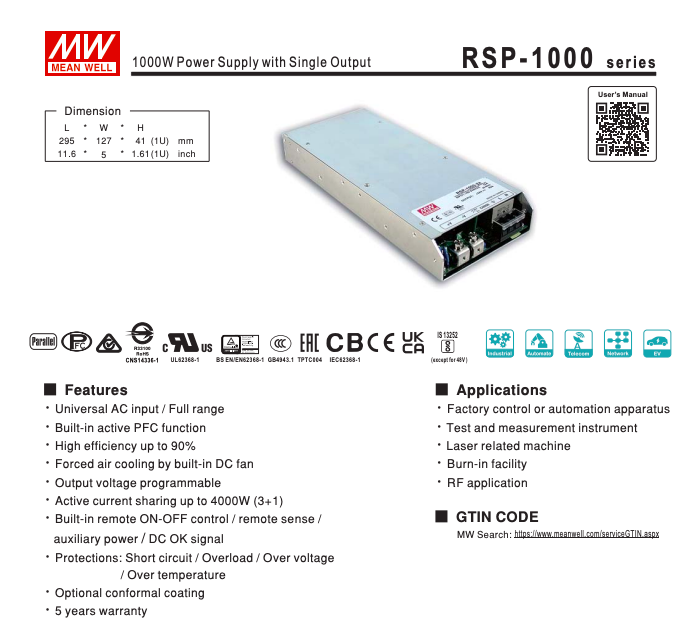 1000W 24v Programmable Power Supply Single Output Switching Power Supply