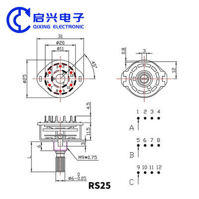 Free Samples Metal Round Shaft 25mm 1 Pole 3 Position 4 Position 12 Position Voltage Selector Alpha RS25 Rotary Switch