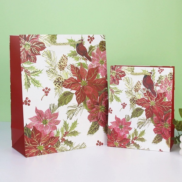 Holiday Paper Gift Bags with Handles and Foil Stamped Merry Christmas Print