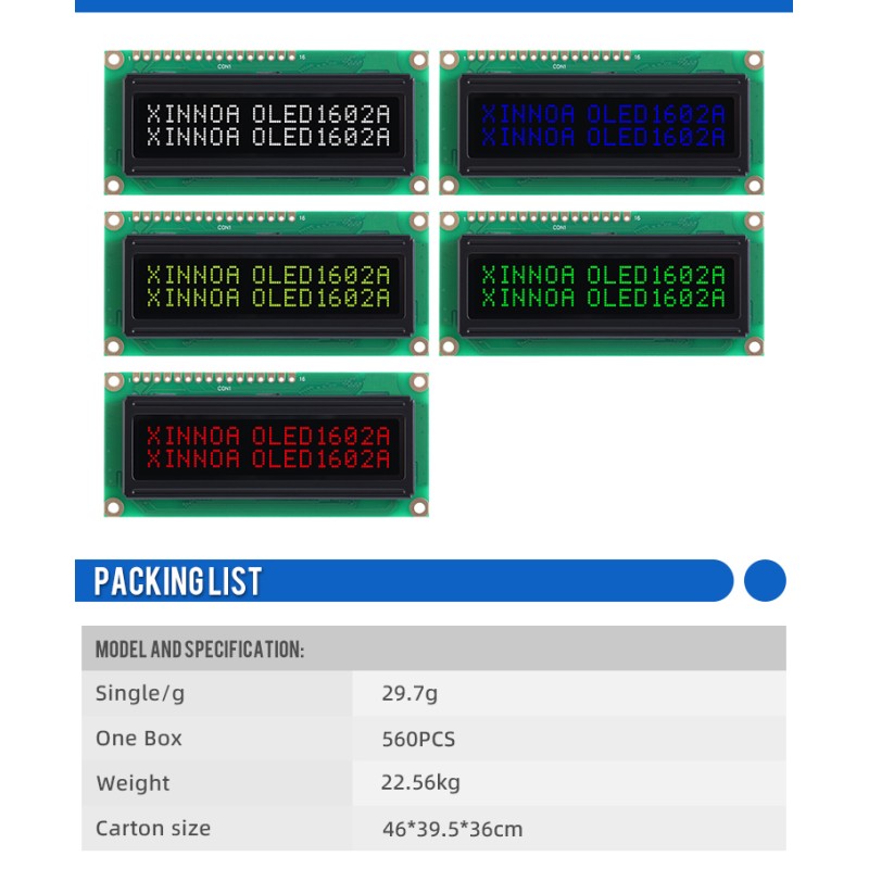 OLED1602A Black Film, 16×2 Character OLED LCD Display Module, WS0010-TX, Parallel Interface, 66x16mm View Size, Working Temperature -40+80 Display