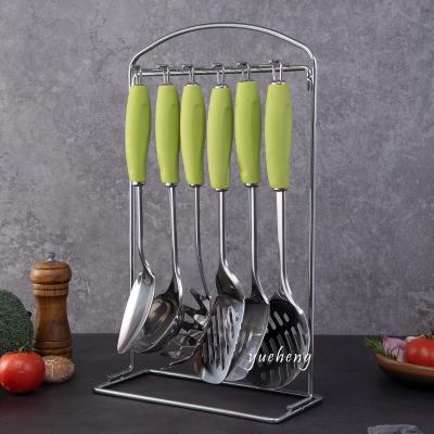 6pieces kitchen tools with Soft handle Green color handle with tray soup scoop Pasta Server Spoon Draining Spoon Slotted