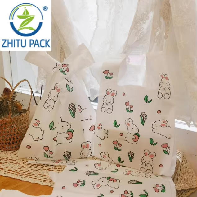 Milky White Rabbit Holding Radish Recyclable Plastic Takeout Bag Cute New Year Gift for Baking Desserts Noodles Tampons