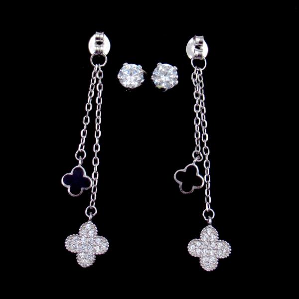 Women Tassel Design Silver Cubic Zirconia Earrings With Real White Gold Plated