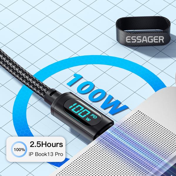 Essager LED Digital Display Customised 1M 2M Cable OEM/ODM 27W 100W Fast Charging USB Cable For Mobile Phone