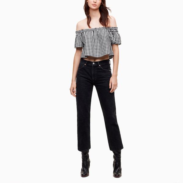 Latest Clothing Ladies Fashion Summer Top Cotton Plaid Off Shoulder Blouse for Women