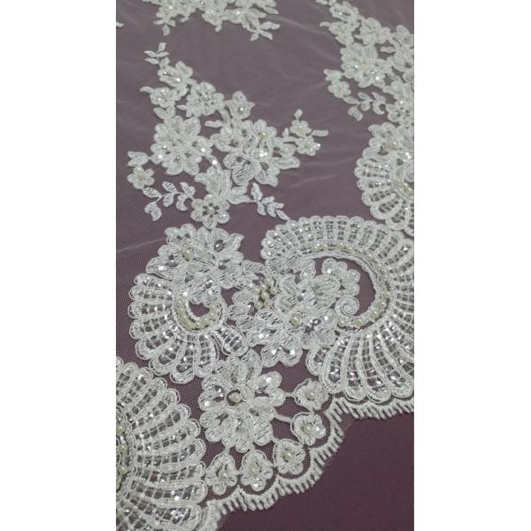 ткань цвета слоновой кости шнурка Секин 140км вышитая бисером, белизна вышила Бридал шнурку свадьбы