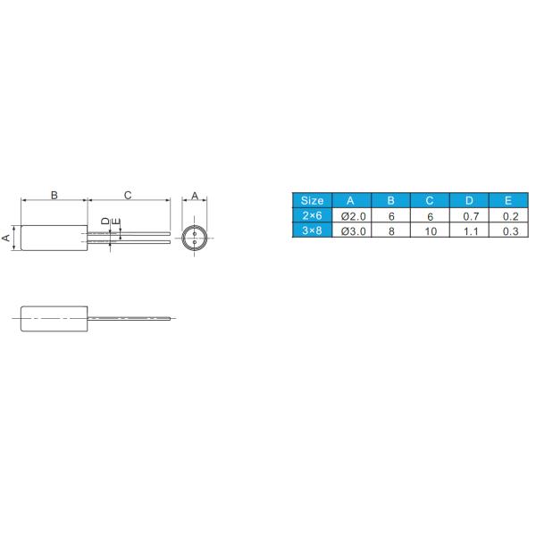 3 x 8 мм через отверстие кристаллический резонатор с 32.768KHz 12.5pF ± 20ppm -20 ~ + 70°C