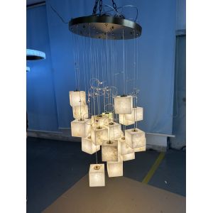 Customized Modern Luxury Square LED Brass Chandelier with Large Alabaster Pendant Adjustable Height for Living Room