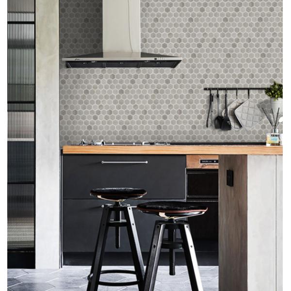 Hexagon Inlay Bianco Carrara White Grey Cream Broken Wood Marble Onyx Waterjet Floor Tiles