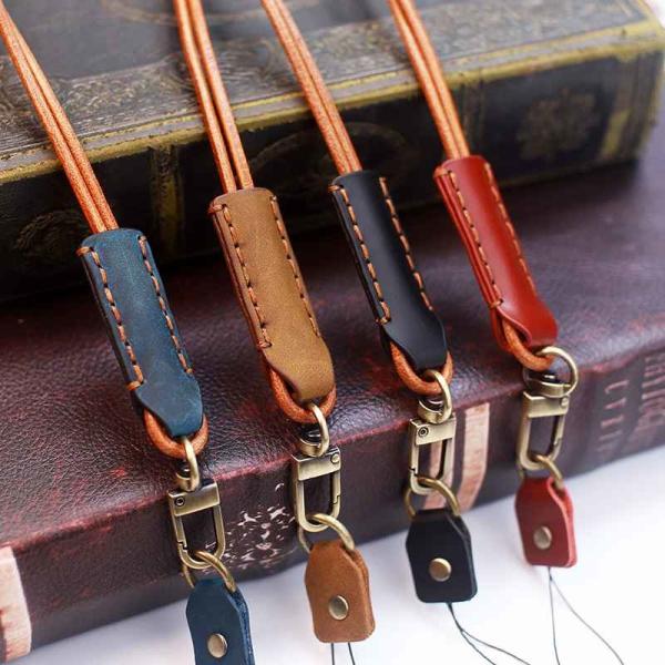 OEM Universal Phone Lanyard Strap Adjustable Leather Neck Phone Strap With Patch Metal