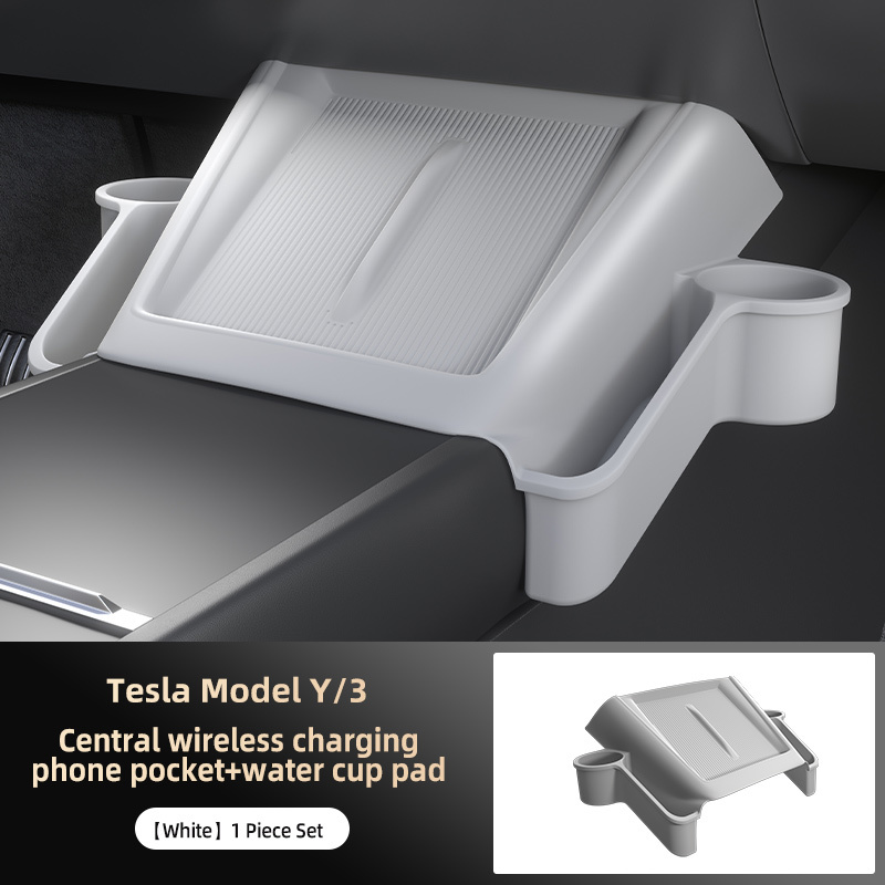 Tesla Model Y 2025 Wireless Charging Phone Pocket with Qi Standard Charging and Dual Cup Holder Positions in Anti-Slip PU + ABS Material