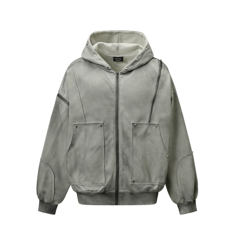 Unisex Winter Fleece Jackets with Pockets Zippers Washed Black/Dark Grey Hoodie Windproof Oversized Fit Vintage Style 3D
