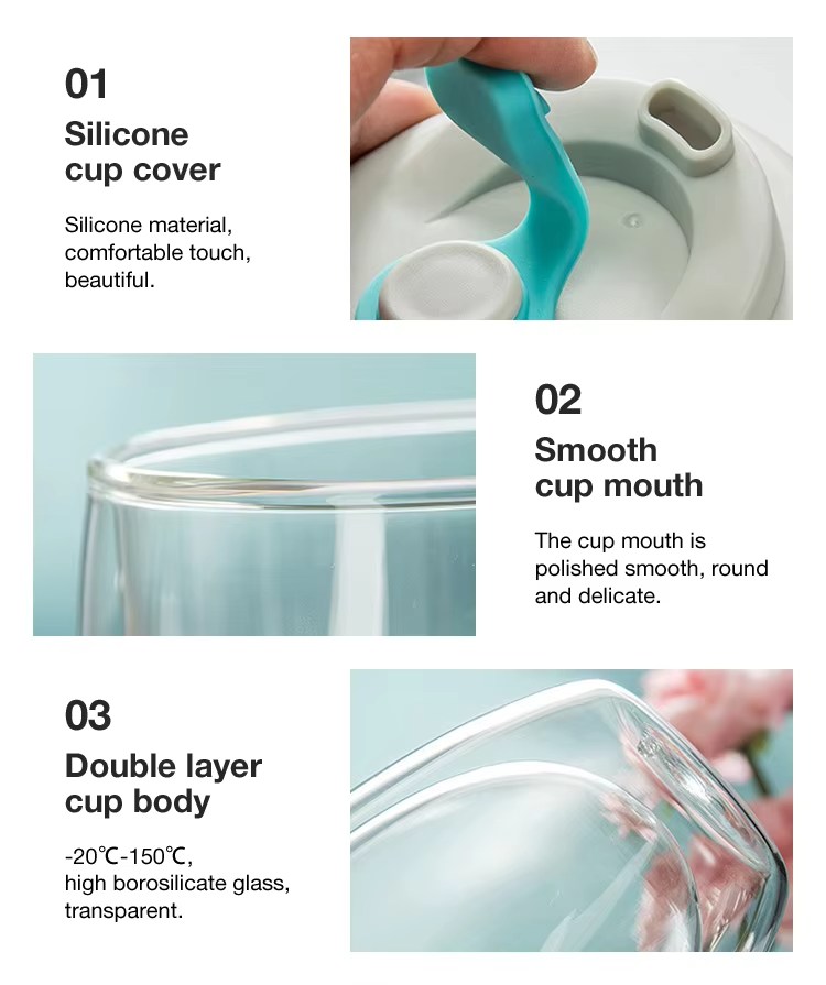 350ml High Borosilicate Heat Resistant Double Wall Glass Straight Drink Cup With Silicone Lid For Drinking Coffee