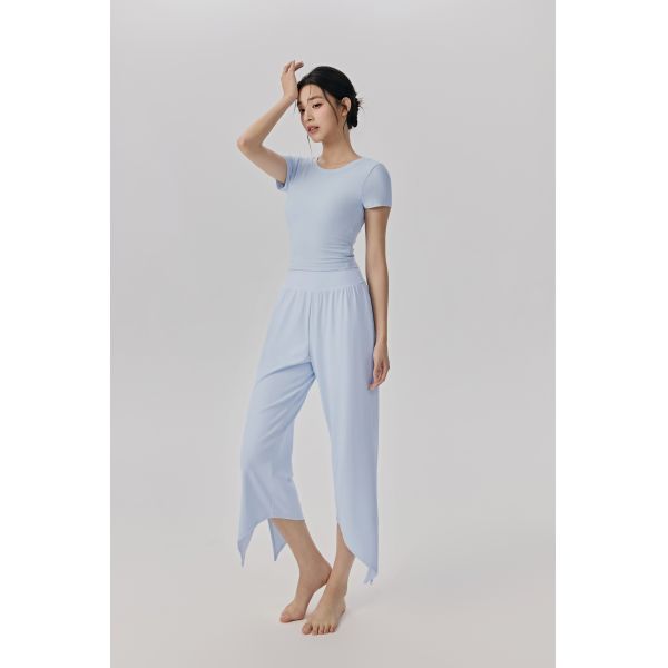 Light Blue Soft Modal Short Sleeve Top and Asymmetrical Cropped Pants Yoga Set for Women's Workout and Loungewear