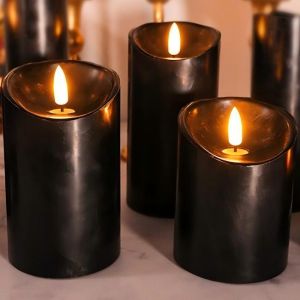 Battery Powered 3d Flame Wick Flickering Black Real Wax Pillar Led Candle Light