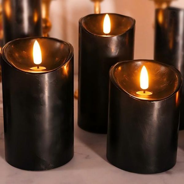 Battery Powered 3d Flame Wick Flickering Black Real Wax Pillar Led Candle Light with Remote Control Timer for Home Decor