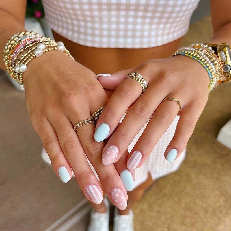 Baby Blue Pattern Press On Nails 24pcs Polka Dot Stripe Nails