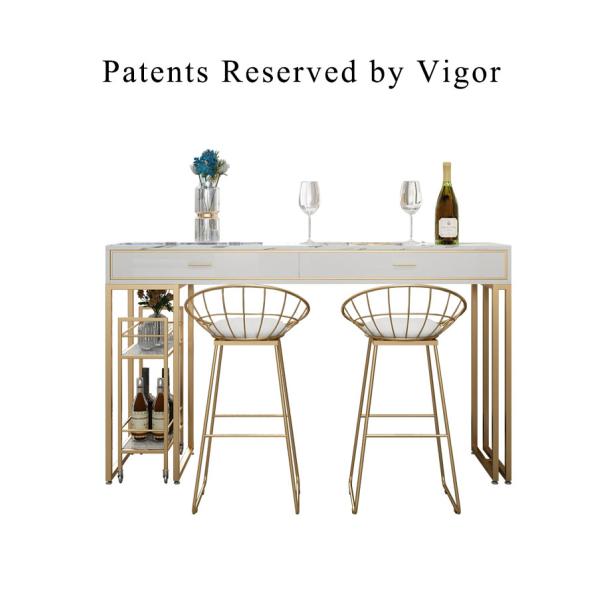 Iron Marble Dining Table Set with 2 Chairs White Marble Surface Gold Powder Coating