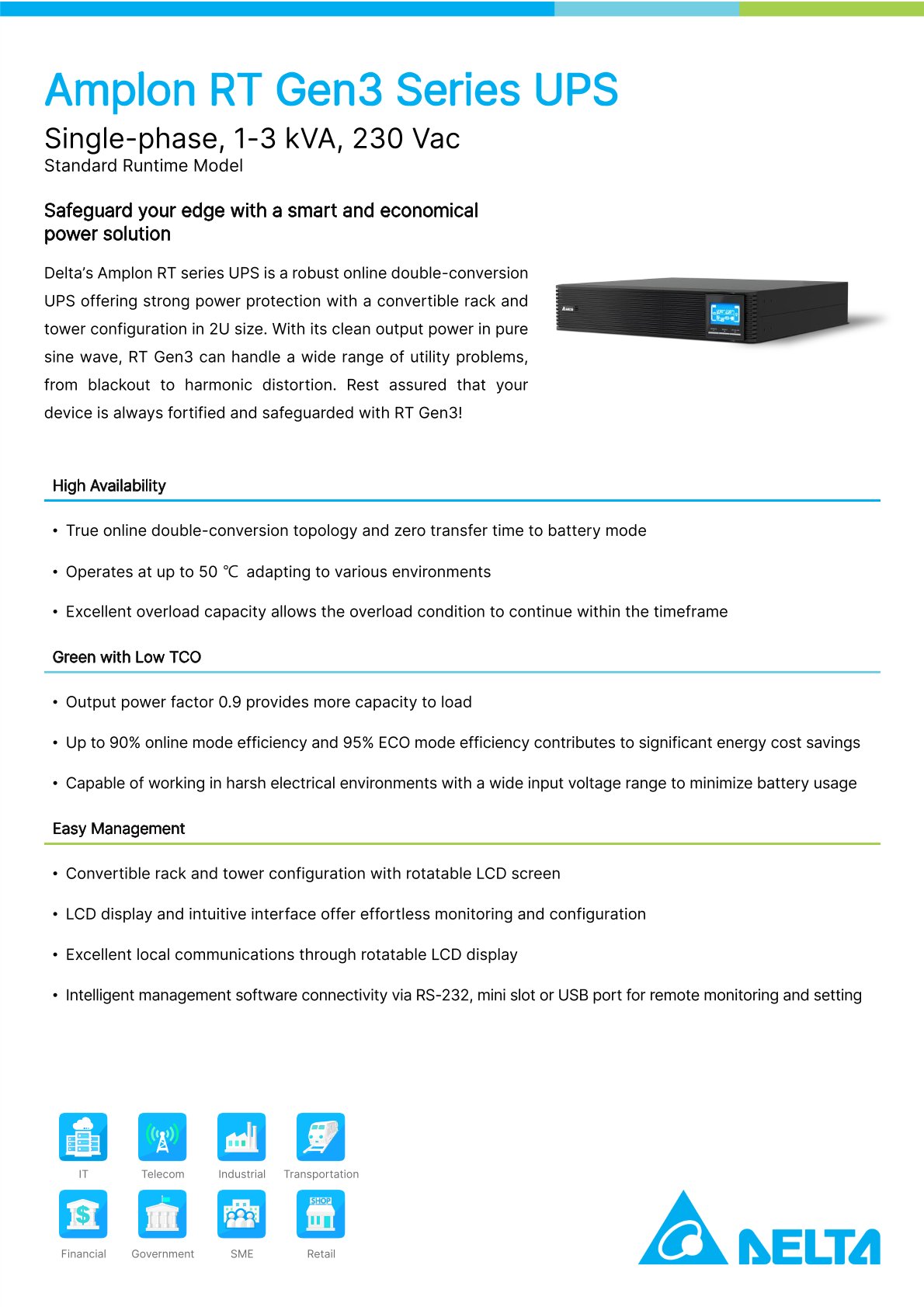 Delta Amplon RT Gen3 1-3KVA Single-phase Rack UPS with LCD Display for Networking