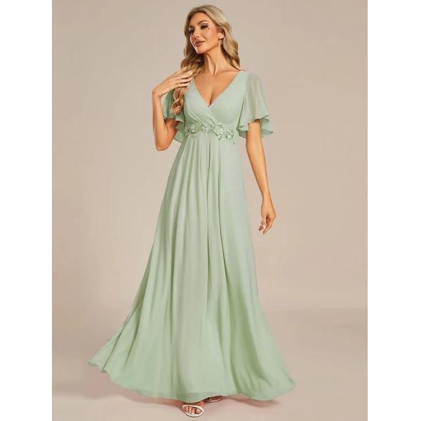 Charming Empire Applique A-line Short Flutter Sleeves V-neck Invisible Zipper Mint Green Chiffon Evening Dress