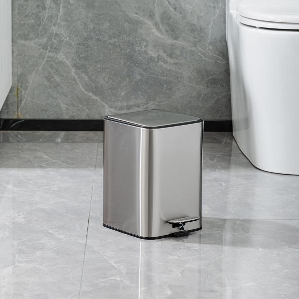 Rolling Cover Type Stainless Steel Soft Close Pedal Trash Can for Bathroom Rectangle Defender Series Waste Bin in Silver