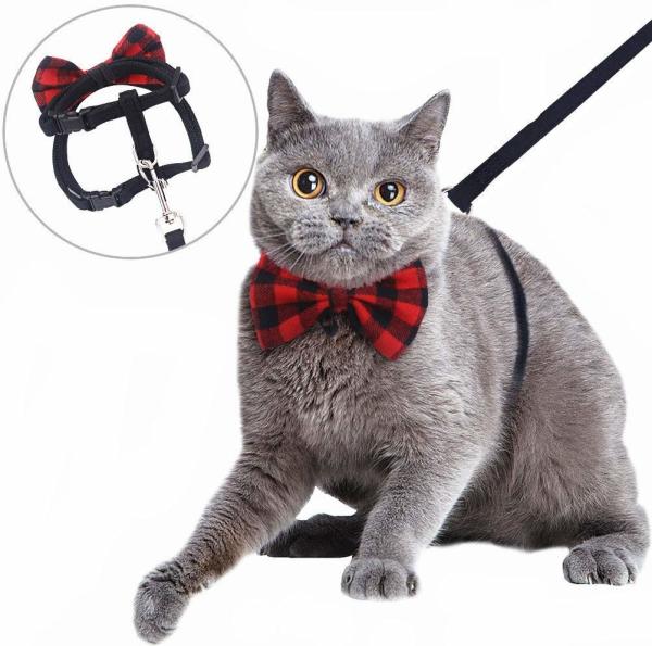Webbing de nylon Cat Harness Kitty Rabbit Plaid ajustável com o laço de curva removível