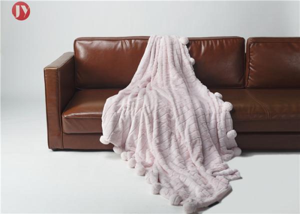 Rabbit Faux Animal Fur Blanket Throw Pink Warm Cozy Cover With Pompoms Fringe Solid