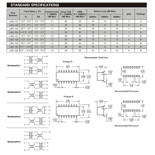 Magnetic Ethernet LAN Transformer , Ethernet Isolation Transformer LAN