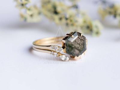 Large Hexagon Moss Agate Statement  Wedding Cluster Ring Set