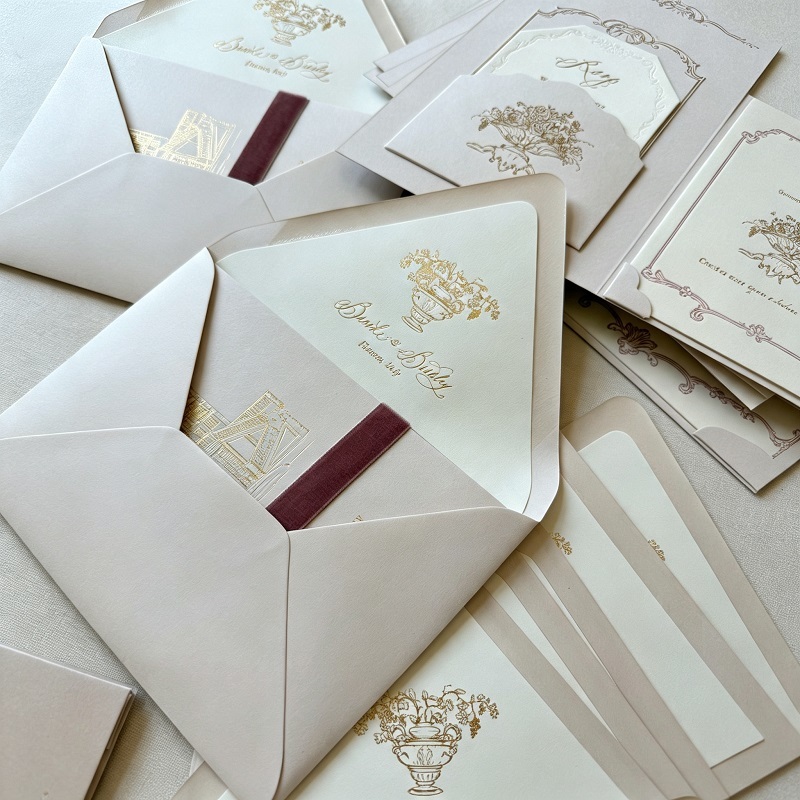 Wedding Invitation Suites With Velvet Ribbon Pocket And Foil Stamping