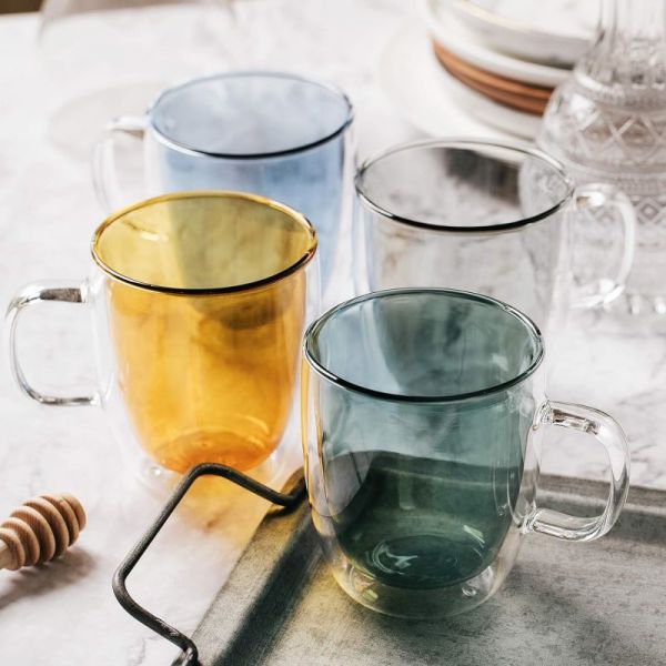 Reusable Colorful Double Wall Glass Mug Borosilicate Glass Cup With Handle 400ml