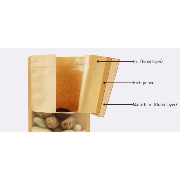 Oem Kraft Paper Food Resealable Paper Pouches With Window
