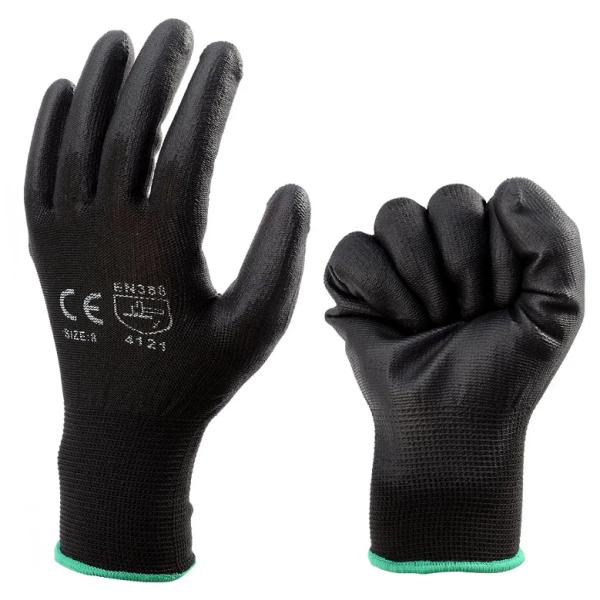 Seguridad en el trabajo con electrones industriales Guantes de poliuretano negro Guantes recubiertos de PU EN388 4131X