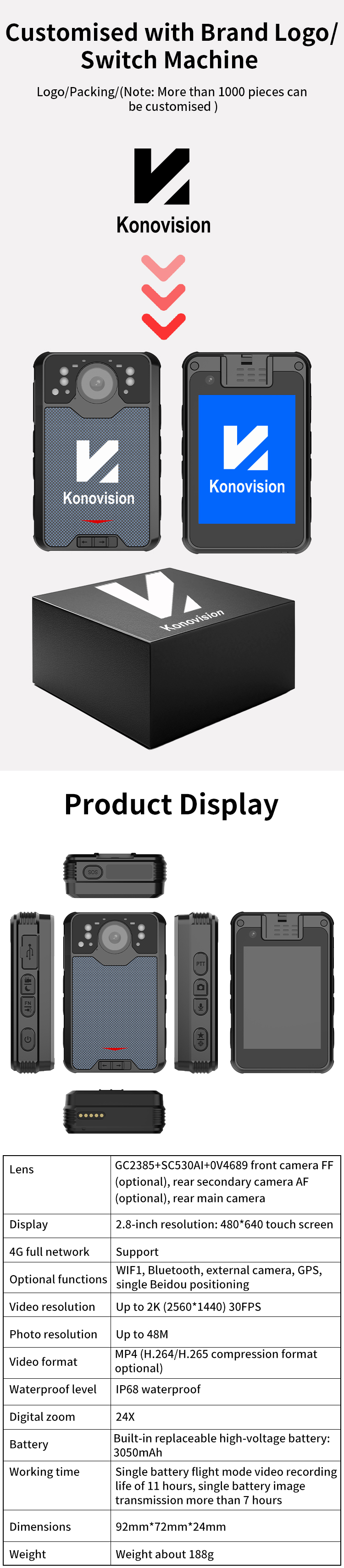 Wearable 4G Body Worn Camera HD 2K Video 2.8'' Touch Screen IP68 Waterproof Security Camera with Wifi Connection GPS BT