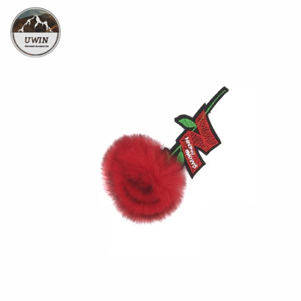 Red Flower Embroidery Designs Patches Custom Logo With Rabbit Fluff Material