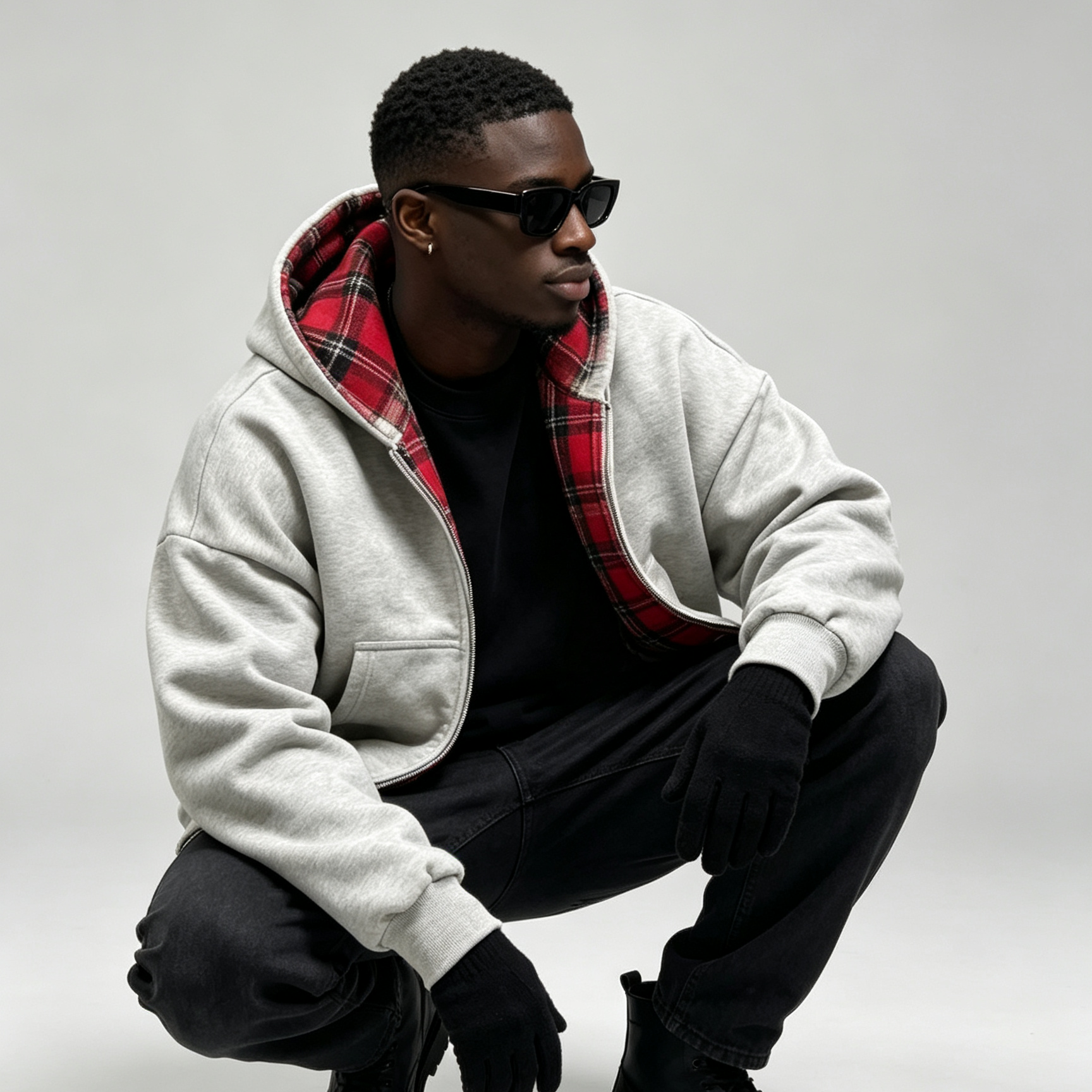 Plaid Lined Zip Up Hooded Sweatshirt Jacket, Oversized Loose Contrast Check Inner Hoodie 3 Colors Cross-Border Wholesale for Autumn