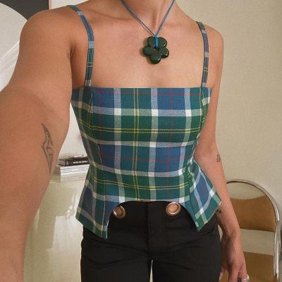 Lattice Vest Ladies Camisole Tank Tops , Open Back Strappy Blue Plaid Tank Top