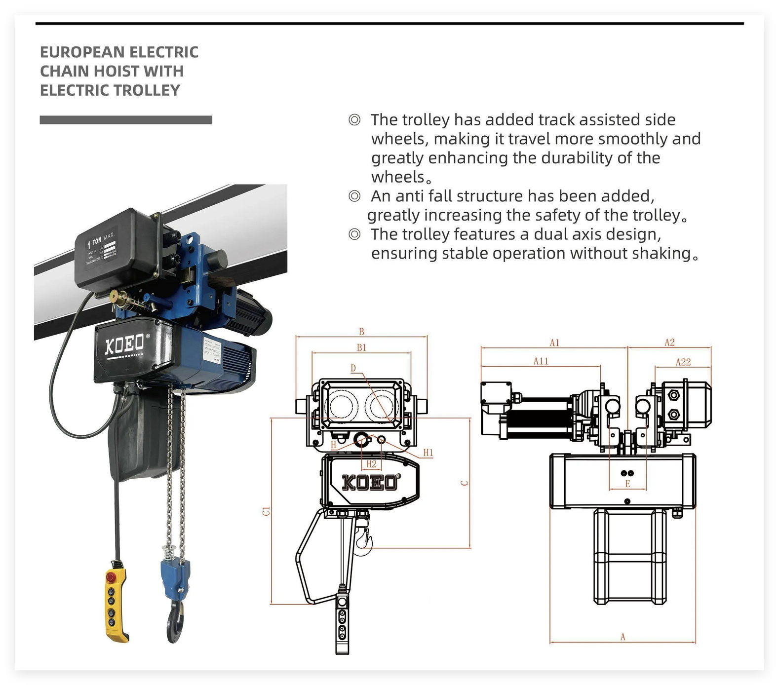1 Ton Hook Chain Hoist 380V 50Hz 3 Phase Electric Hoist KN Series